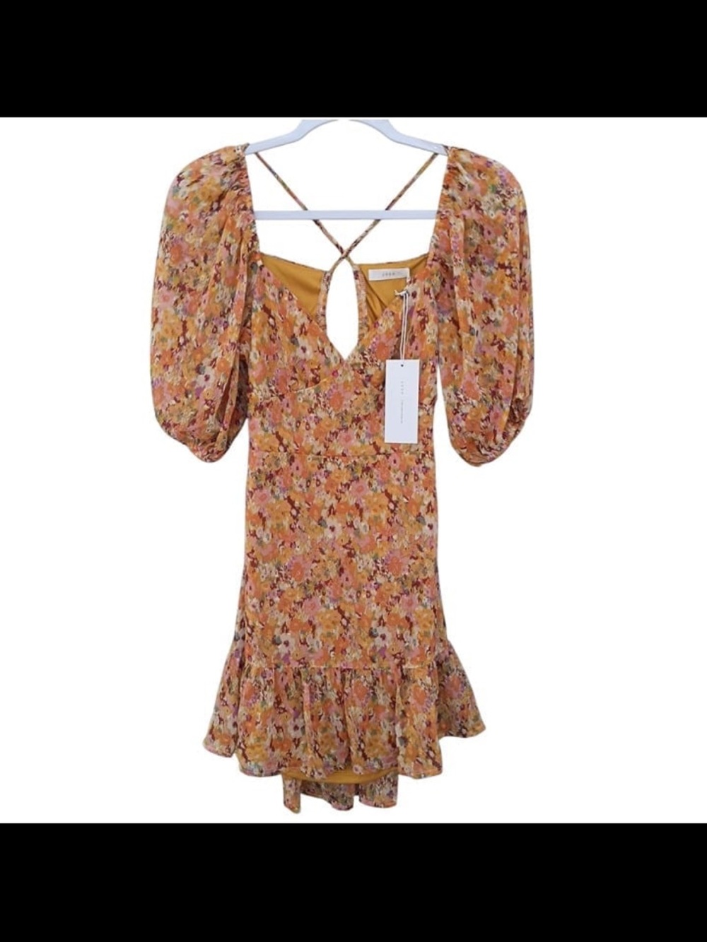 Lush Mustard Floral Puff-Sleeve Mini Dress